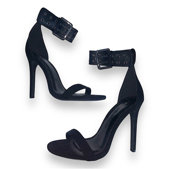 Y2K Rebel Chic Ankle Buckle Black Strappy Heels Women’s 6.5 - Picture 1 of 11